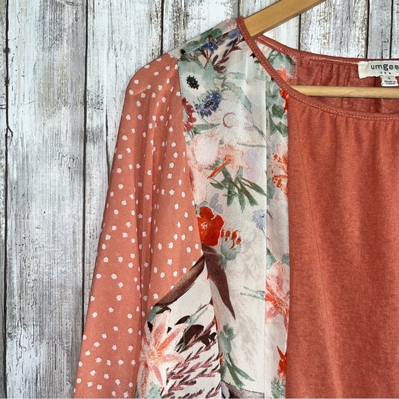 Umgee Orange Mixed Print Floral & Polka Dot Dolman Blouse - Picture 2 of 4